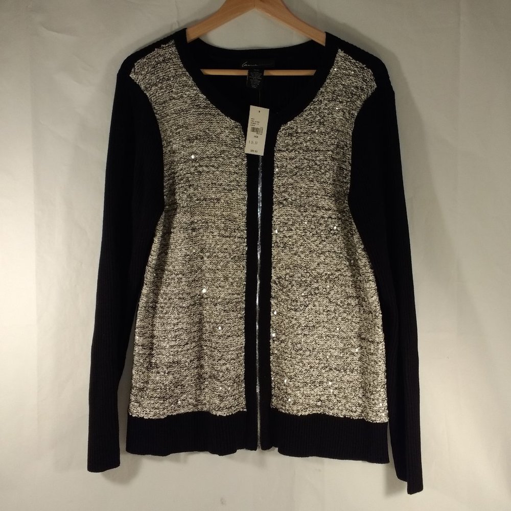Full Zip Black Cream Sequin Sweater Women 18/20